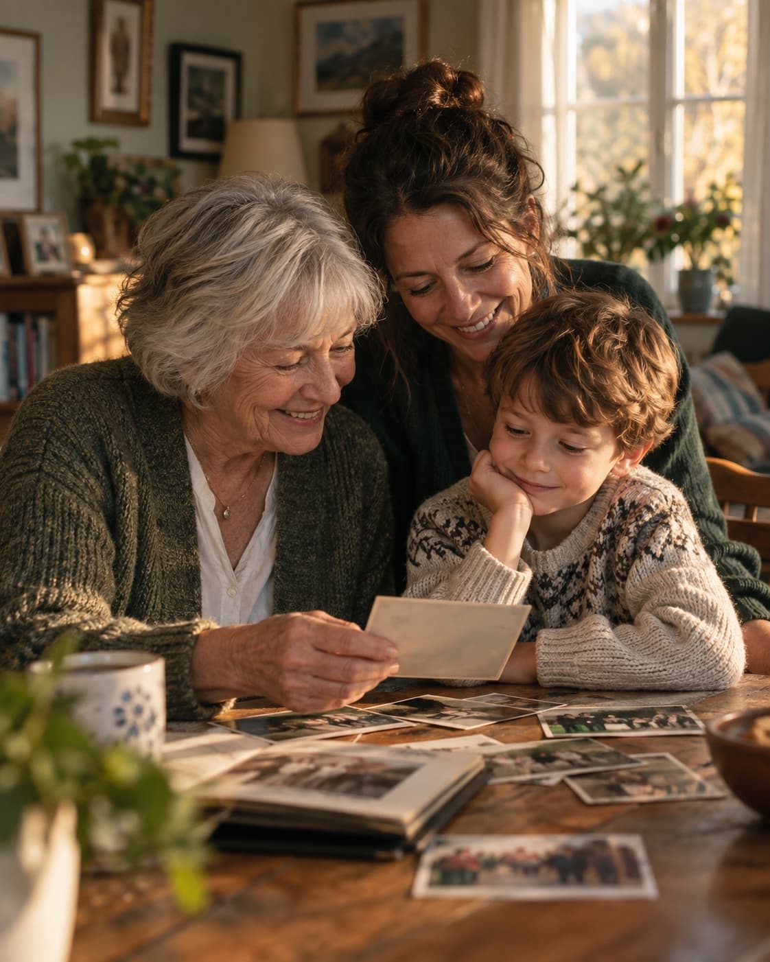 Three generations sharing family photographs together at home.