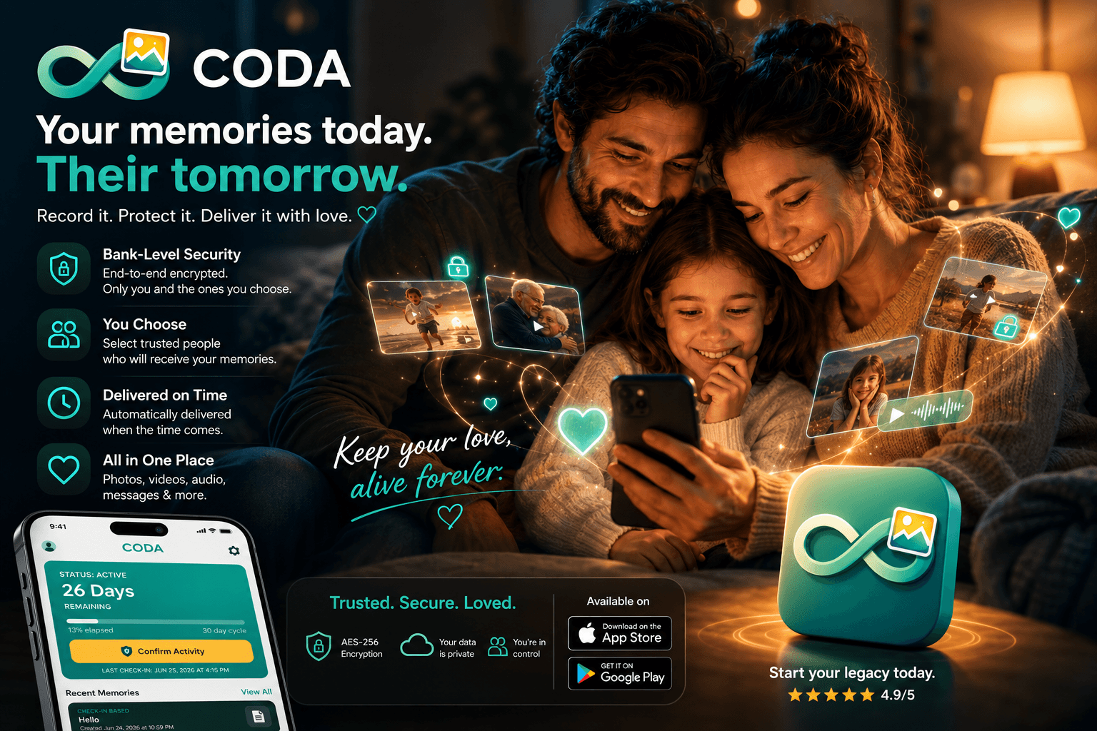 CODA app screen showing a preserved family memory.