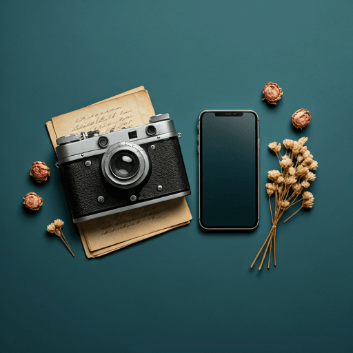 A camera and phone prepared for preserving family memories.